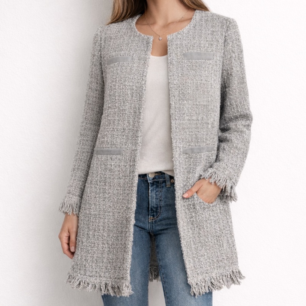 Vertigo Paris Gray Bouclé Tweed Fringe Coat Jacket Size Large 🇫🇷 Chanel Inspired